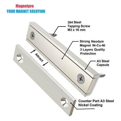 MagneticPro 6pcs Rectangle Magnets 30kg Force 60x13.5x5mm with Countersunk Holes and Steel Cup, Household and Industrial Pot Magnet with Screws.