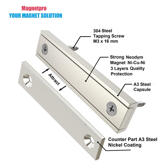 MagneticPro 6pcs Rectangle Magnets 30kg Force 60x13.5x5mm with Countersunk Holes and Steel Cup, Household and Industrial Pot Magnet with Screws.