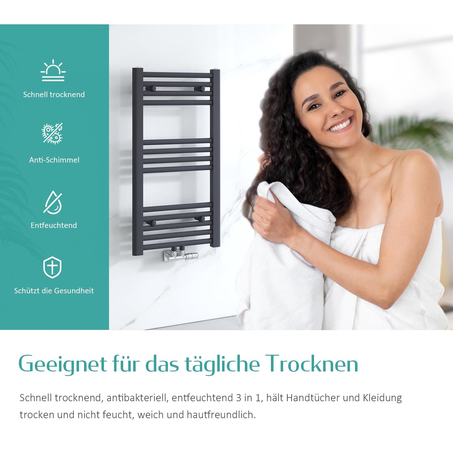 EMKE Towel Radiator 750x400 mm, Bathroom Radiator Towel Rail Central Connection Towel Warmer Towel Dryer Small Bathroom Heater Anthracite 244W