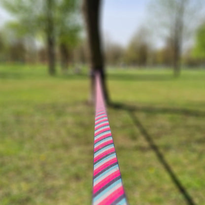 Slackline set, lines, 25 meters length, complete kit for kids, beginners, advanced and professionals, including carrying bag.