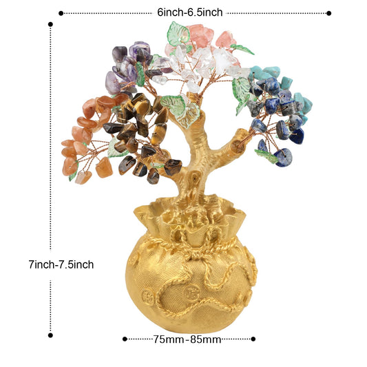 Mookaitedecor 7 Chakra Stone Money Tree with Golden Money Bag Base, Feng Shui Tree Bonsai Ornament for Home & Office Decoration Wealth and Luck.