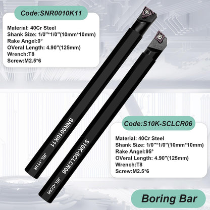 21 piece indexable turning tool set with boring bar, turning tool, and turning tool holder. Includes 7 turning tool holders, 7 carbide inserts, and 7 wrenches (10 mm).