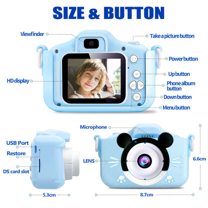 Kids camera, mini digital camera, rechargeable, camcorder, photo and video, gift for girls and boys ages 6+, with 32GB card/1080P HD/silicone protective case, shockproof (blue)