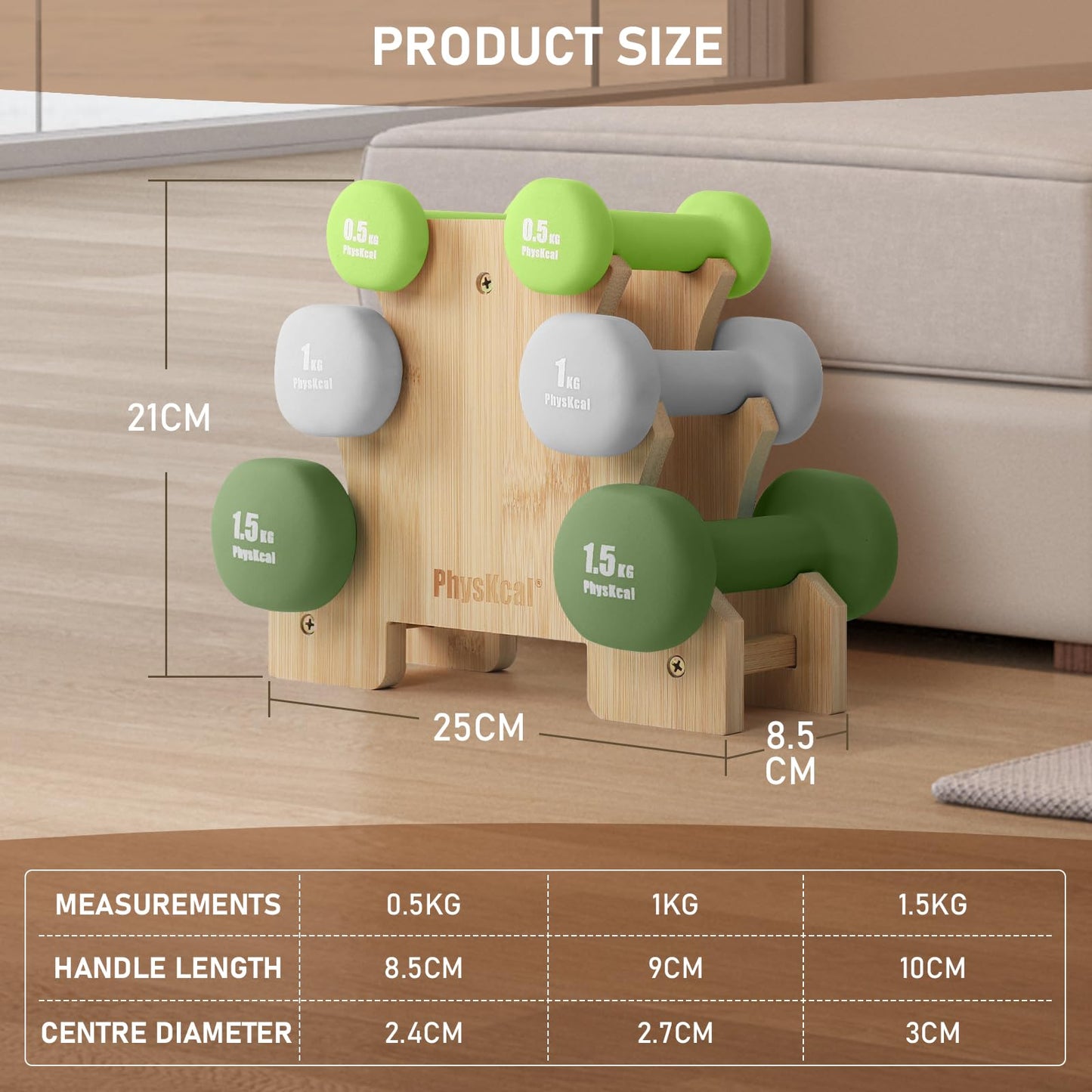 PhysKcal dumbbells 6-piece set with bamboo stand | 2 x 0.5kg, 2 x 1kg, 2 x 1.5kg dumbbell set for strength training | Dumbbells for women & children