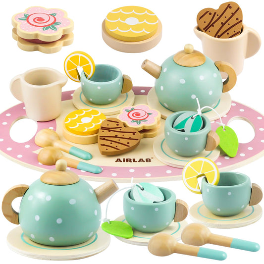 Airlab tea set children's kitchen accessories, wooden toy tea set, tea party play kitchen role play, wooden kitchen games, gift for kids girls boys.