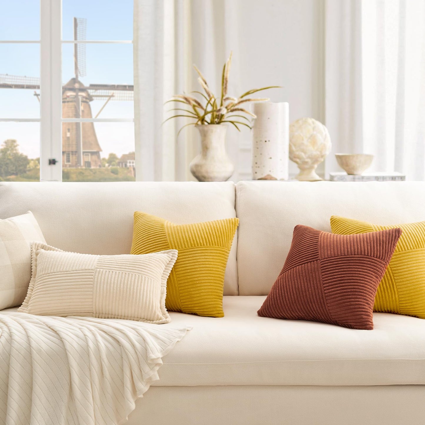 Topfinel Pillow Cover 24x24 Yellow Corduroy 2-Pack Windmill Striped Pillowcases Cushion Cover Decorative Throw Pillow Case Patchwork Design for Living Room Bedroom Couch