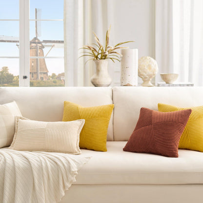 Topfinel Pillow Cover 24x24 Yellow Corduroy 2-Pack Windmill Striped Pillowcases Cushion Cover Decorative Throw Pillow Case Patchwork Design for Living Room Bedroom Couch