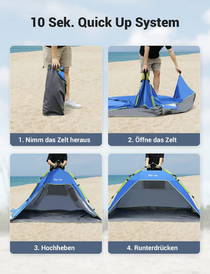 Glymnis Beach Shelter Quick Up Beach Tent Automatic Beach Tent with Zipper Door UV Protection 50+ Wind Protection Small Pack Size Beach Tent for 3 to 4 People