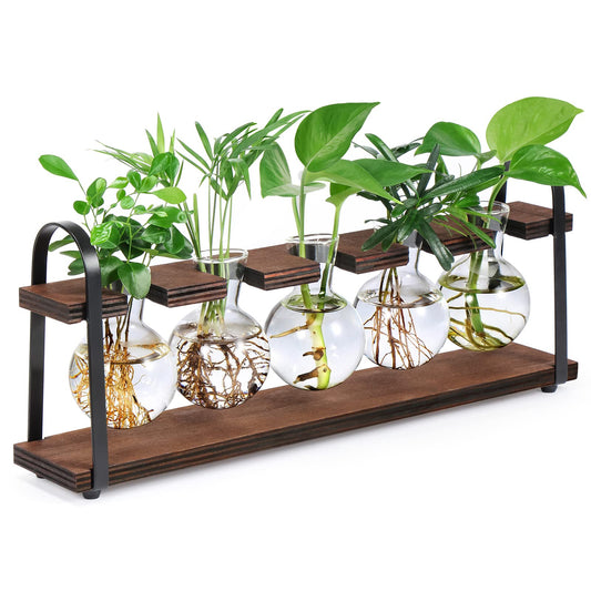 Vintage style flower vase for table decoration, glass test tubes with metal stand for flowers, wooden stand for plant propagation station, perfect for decorating living rooms, outdoor spaces, office desks, and special events like baptisms.