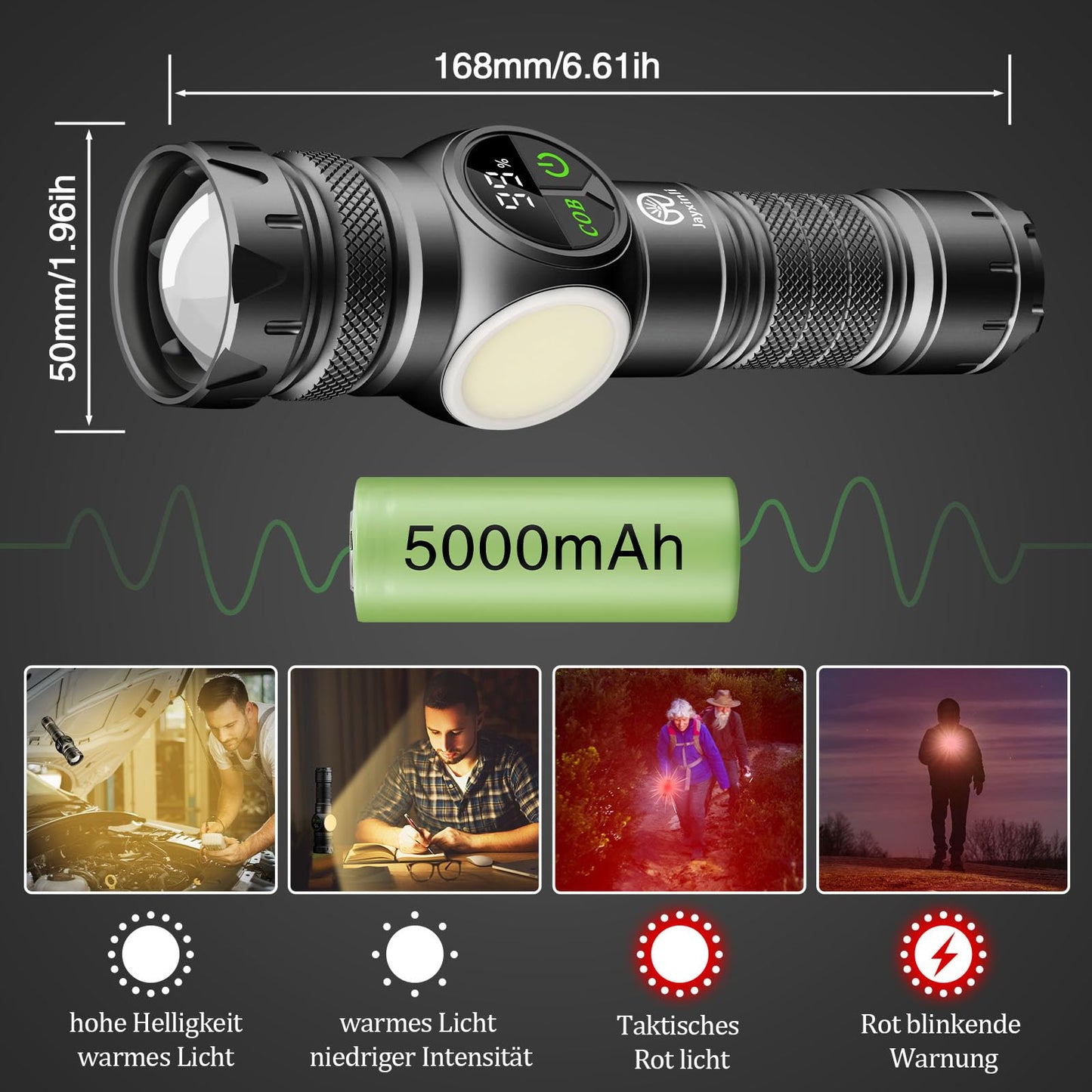 Jayxinli flashlight LED rechargeable 1000000 lumens with magnet, extremely bright flashlights with 5000mAh battery, LCD power display, 9 lighting modes, zoom, strong for camping, hiking, outdoor, emergencies.