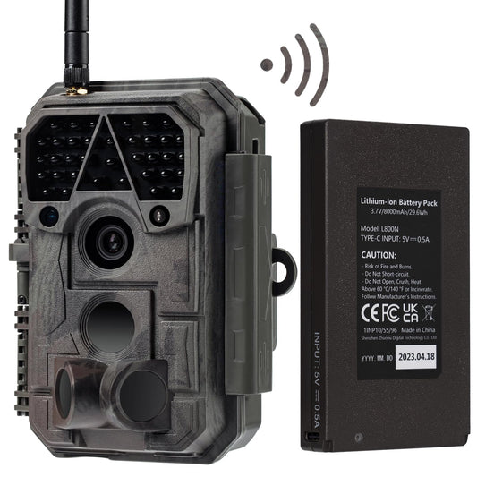 Meidase P100P Trail Camera WiFi Bluetooth, 48MP 1296P, 27m detection range, 0.1s motion activation, IP66 waterproof, mobile app transfer, 8000mAh rechargeable battery.