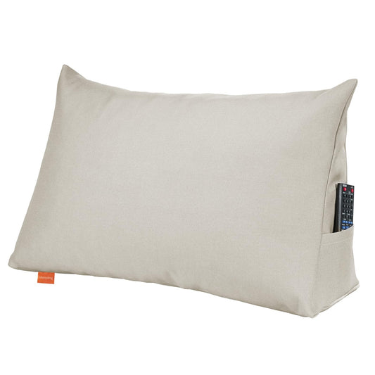 Sleeping back cushion wedge pillow for bed and sofa, lumbar pillow, triangular reading pillow, beach pillow, pillow with removable washable cover, side pocket, 70 cm wide, beige.
