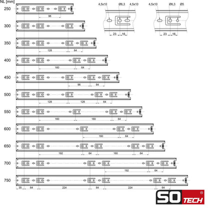 SOTECH 4 pairs (8 pieces) Full extension KV1-45-H45-L350-NF 350 mm (retracted) drawer slide ball bearing load capacity 45 kg