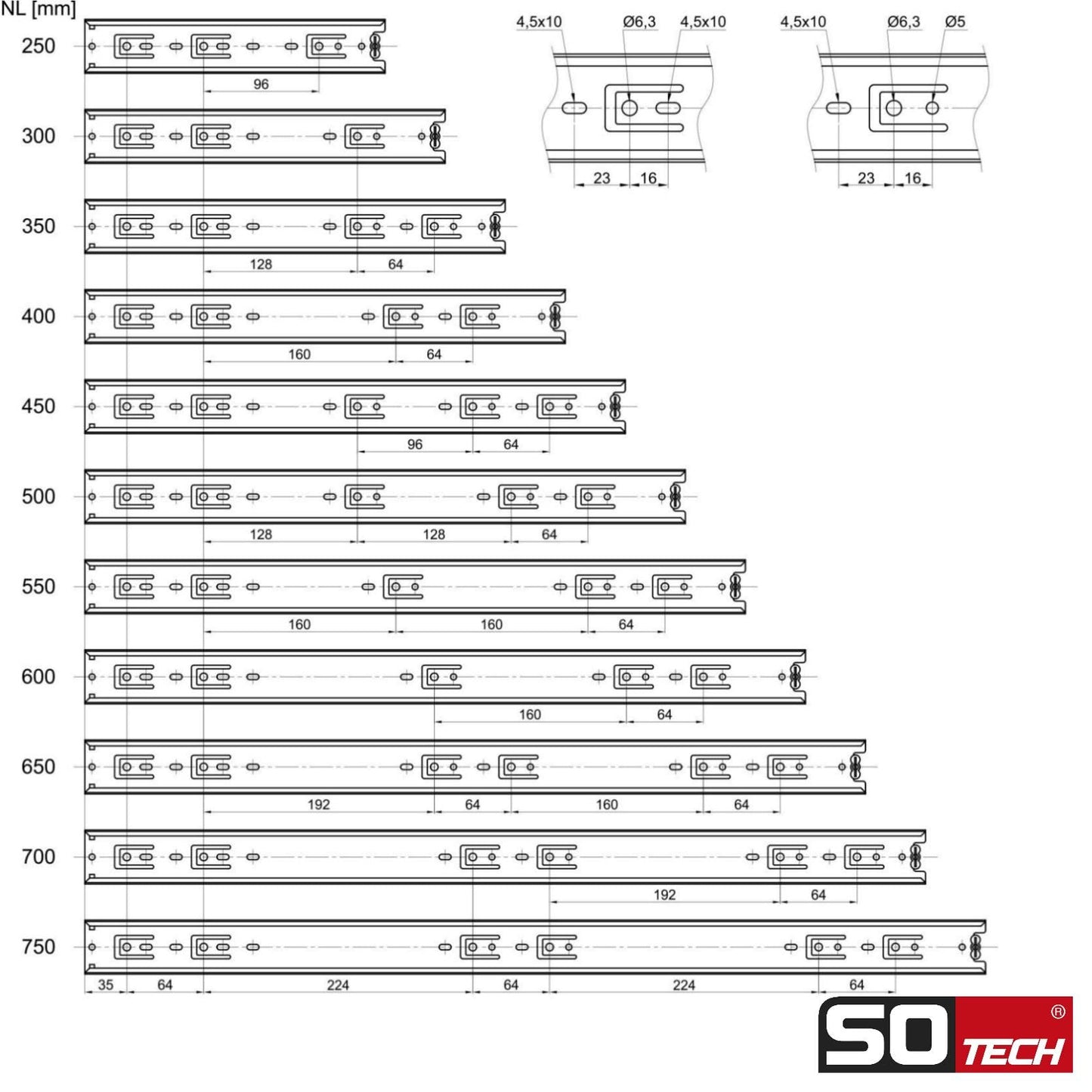 SOTECH 2 pairs (4 pieces) full extension slides KV1-45-H45-L600-NF 600 mm (retracted) telescopic ball bearing slide load capacity 45 Kg