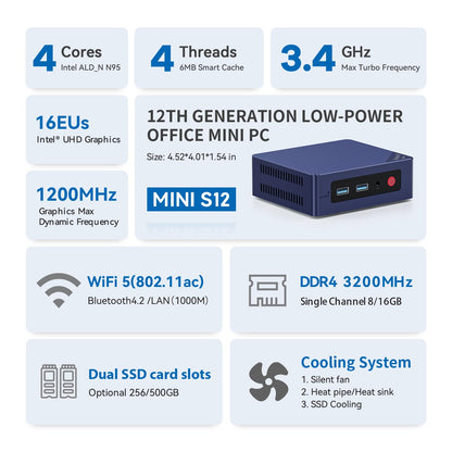 Beelink Mini S12 Mini PC, Alder Lake-N N95 (4C/4T, up to 3.4 GHz) 16GB DDR4 RAM 500GB M.2 2280 SSD, Mini Desktop Computer 4K 60Hz Dual HDMI, WiFi5, Bluetooth 4.2, Gigabit Ethernet
