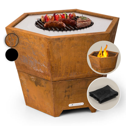 Blumfeldt fire bowl with grill grate, outdoor steel fire bowl large for balcony & camping, portable fire bowl 60 cm, fire bowl with stand, weatherproof fire bowl, hexagonal fire pit