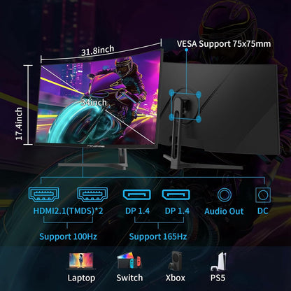Minifire 34" UWQHD Curved Gaming Monitor with 165Hz (DP), 3440 x 1440 resolution, Curved 1500R, 1ms MPRT, Pip/PBP, FreeSync, HDR, 300nits brightness, sRGB 125%, DCI-P3 95%, VA Panel, 2x HDMI 2.1 (TMDS) and 1x DP 1.4 Ports. MFG34C5Q