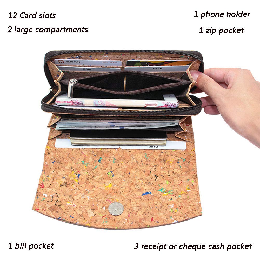 Boshiho cork wallet for women, sustainable vegan purse made from large cork with zipper. Features multiple compartments, ideal vegan gift.