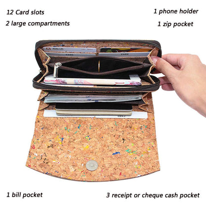 Boshiho cork wallet for women, sustainable vegan purse made from large cork with zipper. Features multiple compartments, ideal vegan gift.
