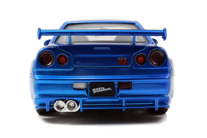 Jada Toys Fast & Furious Brian's 2002 Nissan Skyline GTR-R R34, car, die-cast toy car, opening doors, trunk & hood, 1:24 scale, blue.
