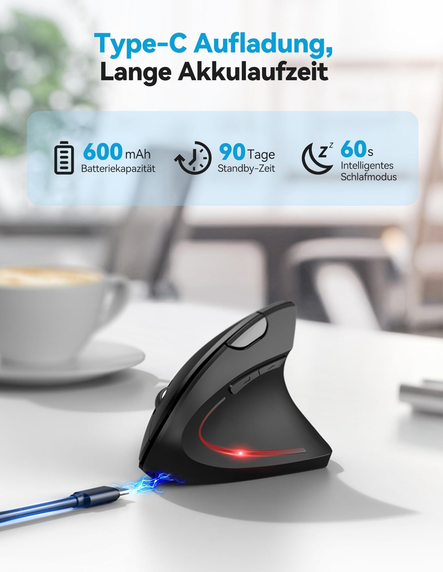 TECKNET Ergonomic Bluetooth Mouse, Rechargeable Wireless Vertical Mouse (BT 5.0/3.0 + 2.4G), 6 Adjustable Levels up to 4800 DPI, Optical Silent Wireless Mouse with USB-A Receiver, Wide Compatibility