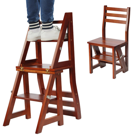 Navaris Folding Chair with Step Function - Chair 3-Step Ladder and Flower Stand in One - Bamboo Folding Chair Folding Step Stool - Kitchen Chair Foldable - Dark Brown
