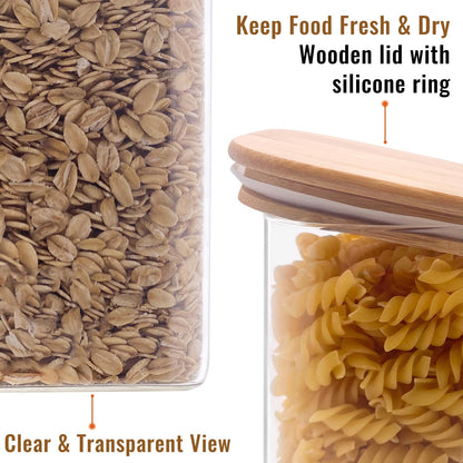 Withosent glass storage containers 7-piece set, 750ml/1500ml/2400ml storage jars with square lids, large glass container with wooden lid, kitchen storage jars for spaghetti, cereal, beans.
