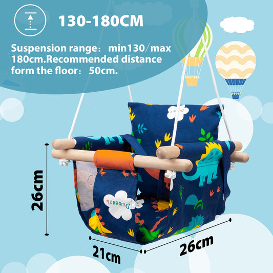Katomi swing for baby kids with safety belt stainless steel carabiner soft cushion up to 50kg permissible length adjustable CE environmental fabric dinosaur pattern for garden indoor outdoor