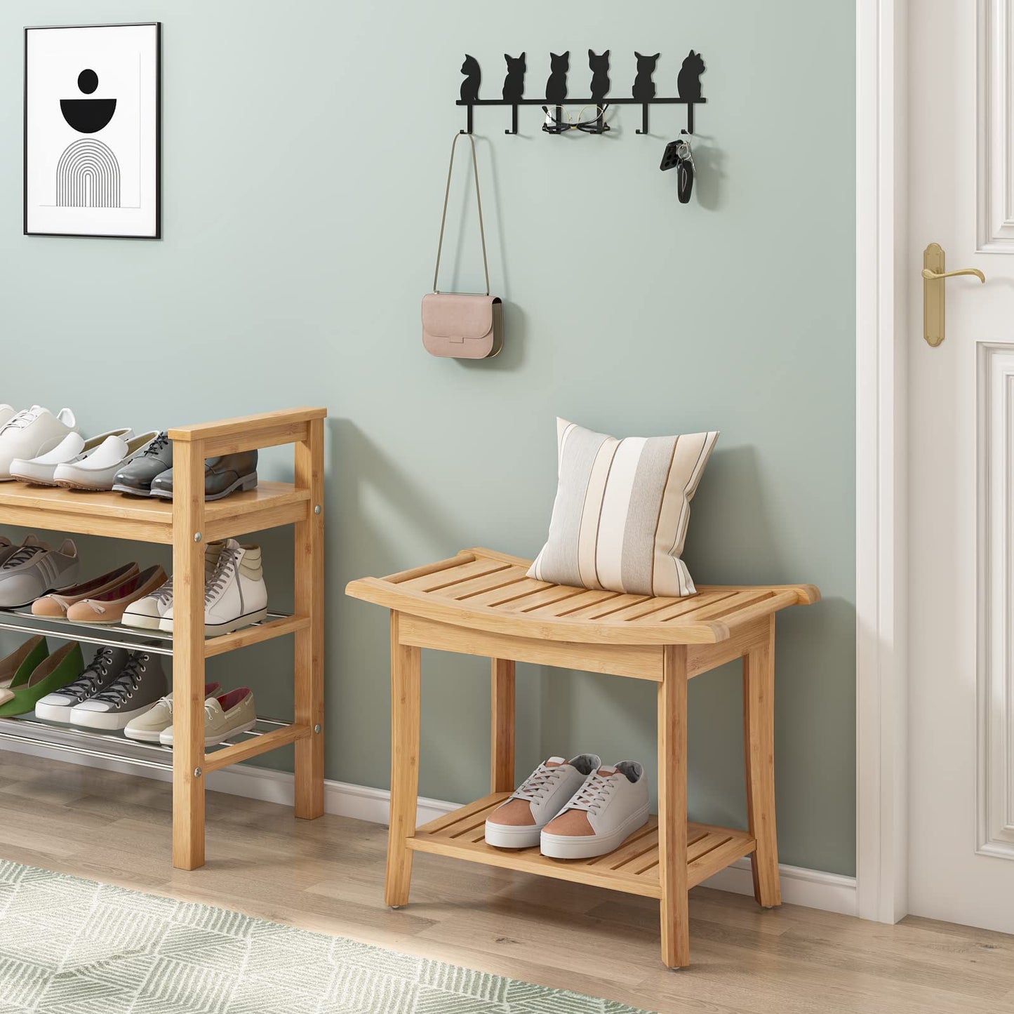 HOCSOK Bamboo Stool Bench Bathroom Shower Stool 2-Tier Water-resistant Non-slip Home Garden Balcony 60 x 33 x 46 cm Bathroom Furniture Natural with Soap Dish