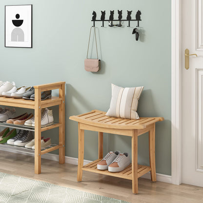 HOCSOK Bamboo Stool Bench Bathroom Shower Stool 2-Tier Water-resistant Non-slip Home Garden Balcony 60 x 33 x 46 cm Bathroom Furniture Natural with Soap Dish