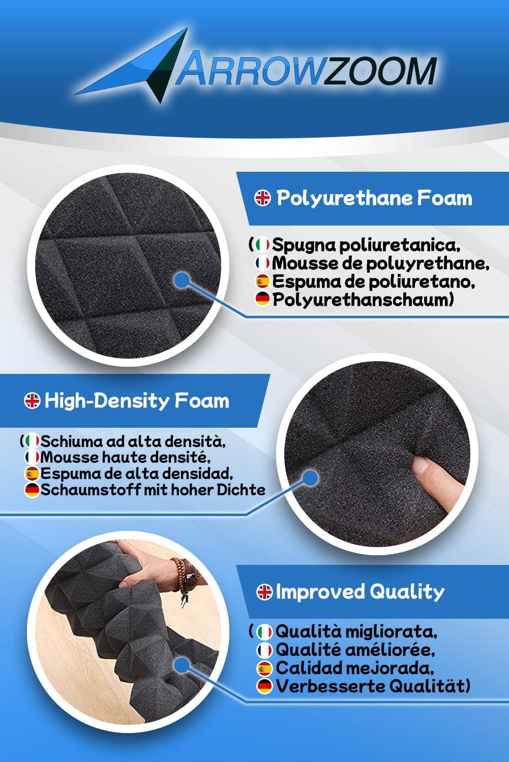 Arrowzoom 48 Acoustic Panels Acoustic Foam Mats Soundproofing Acoustic Foam 25x25x5cm Soundproofing Pyramid Foam Broadband Absorber Foam Flame Retardant Recording Studio Sound Absorbing Gray Black 1034