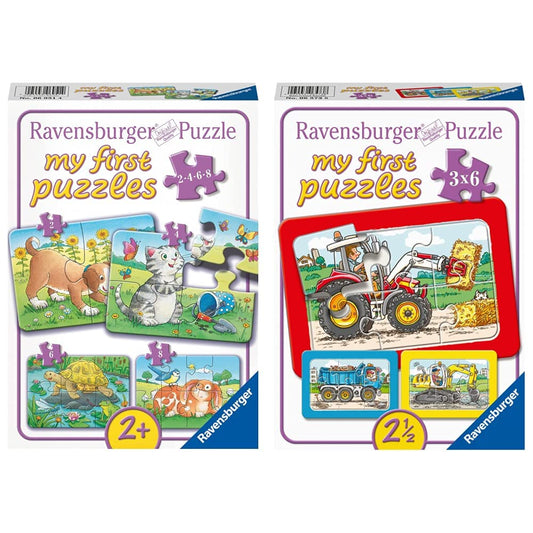 Ravensburger Children's Puzzle - 06951 Cute Pets - My First Puzzle with 2,4,6,8 pieces - Puzzle for children aged 2 years & 06573 Excavator, Tractor and Tipper - My First Puzzle with 3x6 pieces