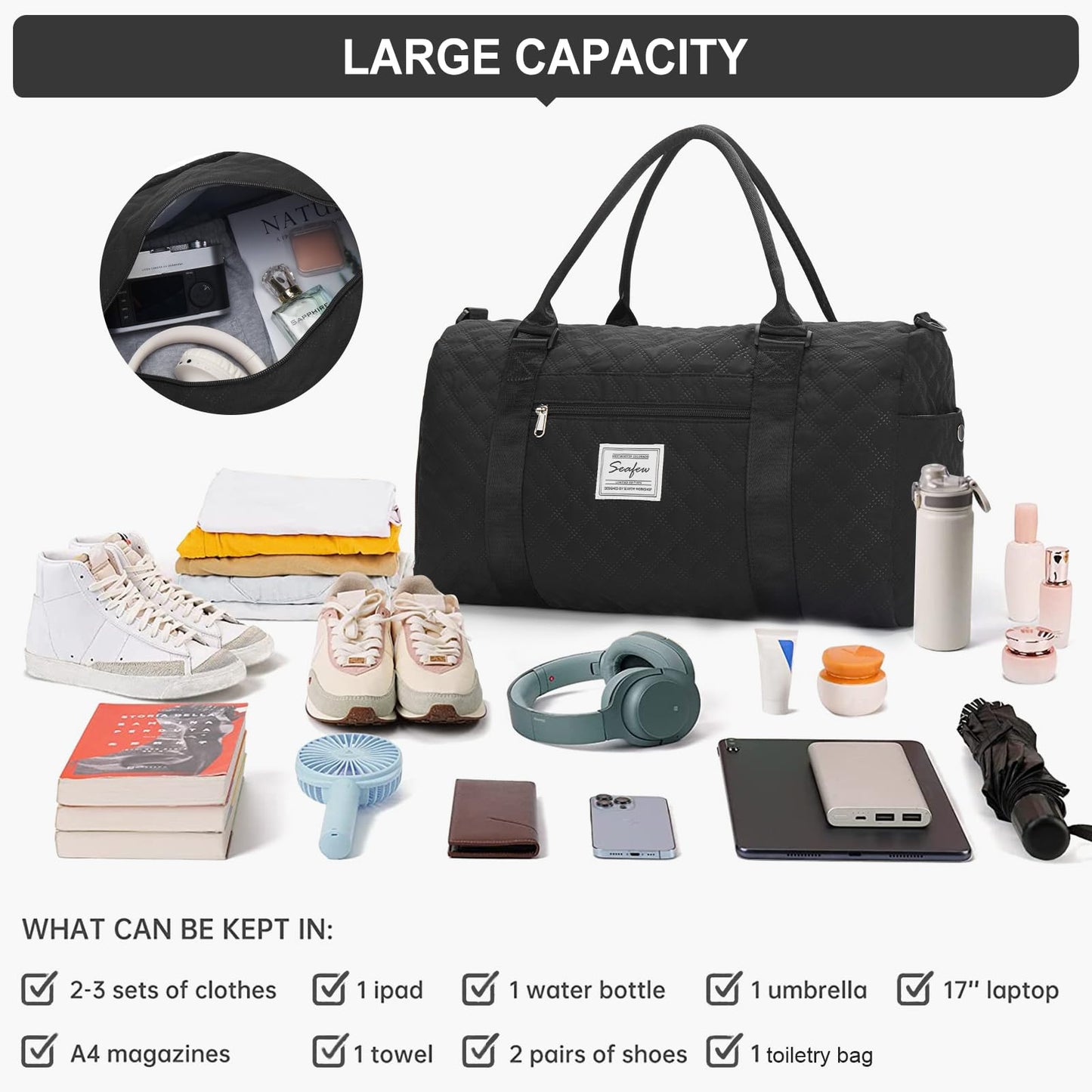 Women's travel bag, sports bag, carry-on bag, weekend bag with toiletry bag, wet pocket, and shoe compartment. Swim bag, travel duffle bag, waterproof sports duffel bag for women. Black.