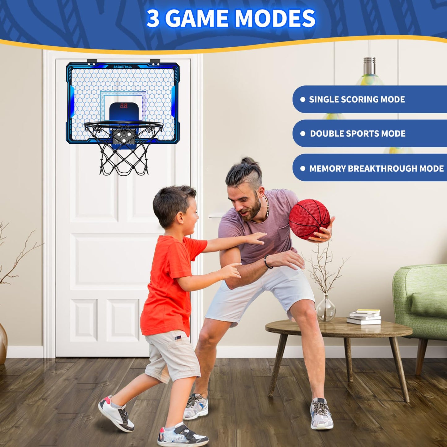HYES Mini basketball hoop with 7 lighting for kids, electronic scoreboard, 3 balls, pump, indoor outdoor basketball hoop sports toy for kids, blue.
