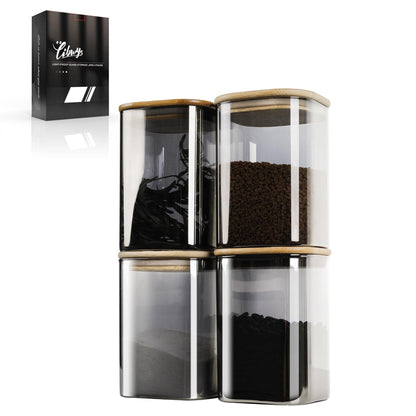 4-piece set of LIBWYS UV protection glass jars for coffee beans container tea caddy with bamboo lid square storage jar glass - 1150 ml * 4 glass containers (4pcs - LRC Edition)
