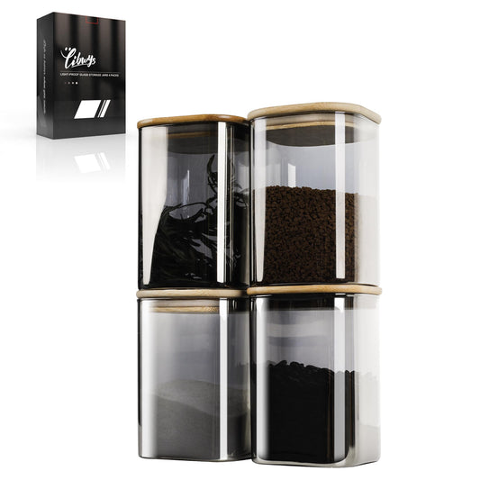 4-piece set of LIBWYS UV protection glass jars for coffee beans container tea caddy with bamboo lid square storage jar glass - 1150 ml * 4 glass containers (4pcs - LRC Edition)