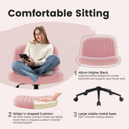 IWMH office chair without armrests, height adjustable swivel chair with wheels, desk chair with fabric upholstery, reading chair with wider cushion for sitting cross-legged (Pink with wheels).