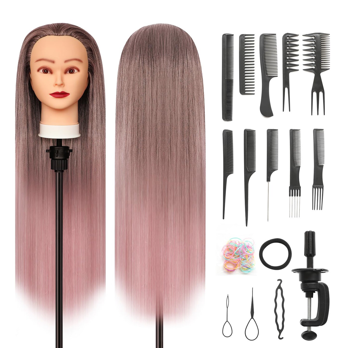 Training mannequin heads, 28 inch practice head styling head for hairdressers made of 100% synthetic fiber hair. Comes with free clamp and DIY braiding set. Gradient pink color.