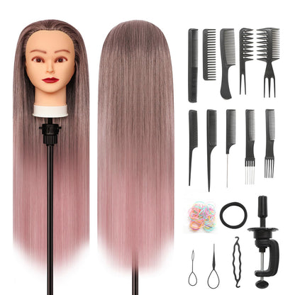 Training mannequin heads, 28 inch practice head styling head for hairdressers made of 100% synthetic fiber hair. Comes with free clamp and DIY braiding set. Gradient pink color.
