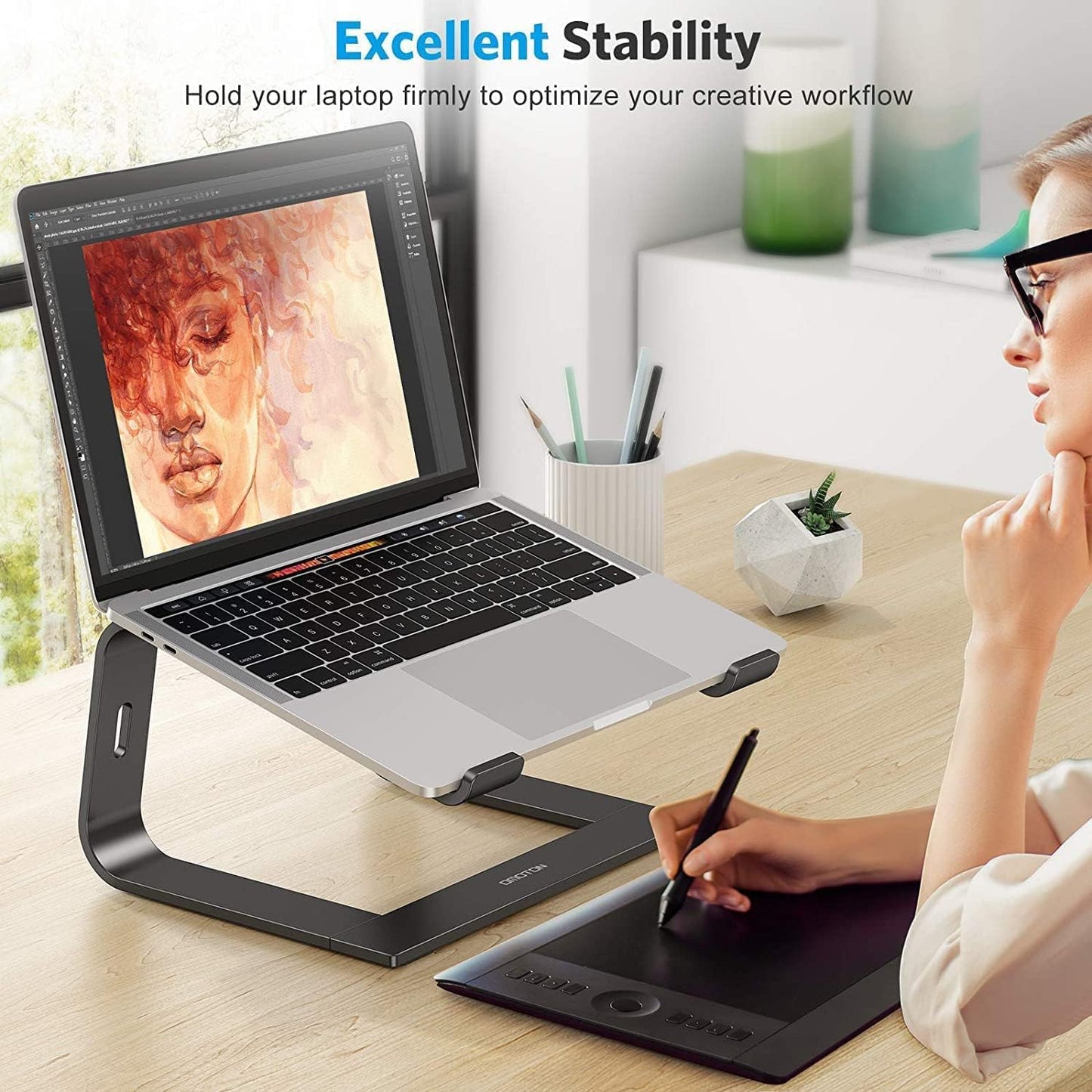 OMOTON Laptop Stand, Notebook Stand with Ventilation, Universal PC Riser Ergonomic Laptop Holder Aluminum for Laptops in 10-15.6 inches like MacBook Pro/Air, HP, Dell, Lenovo, Huawei, Black