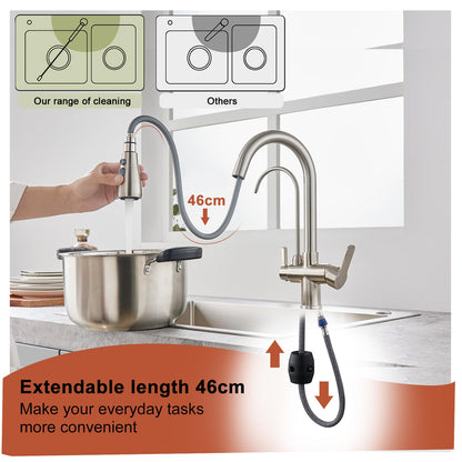 KINKIBOS 3-way kitchen faucet with pull-out sprayer for water filter, brass body, 360° swivel kitchen tap, mixer tap with drinking water spout, brushed nickel.