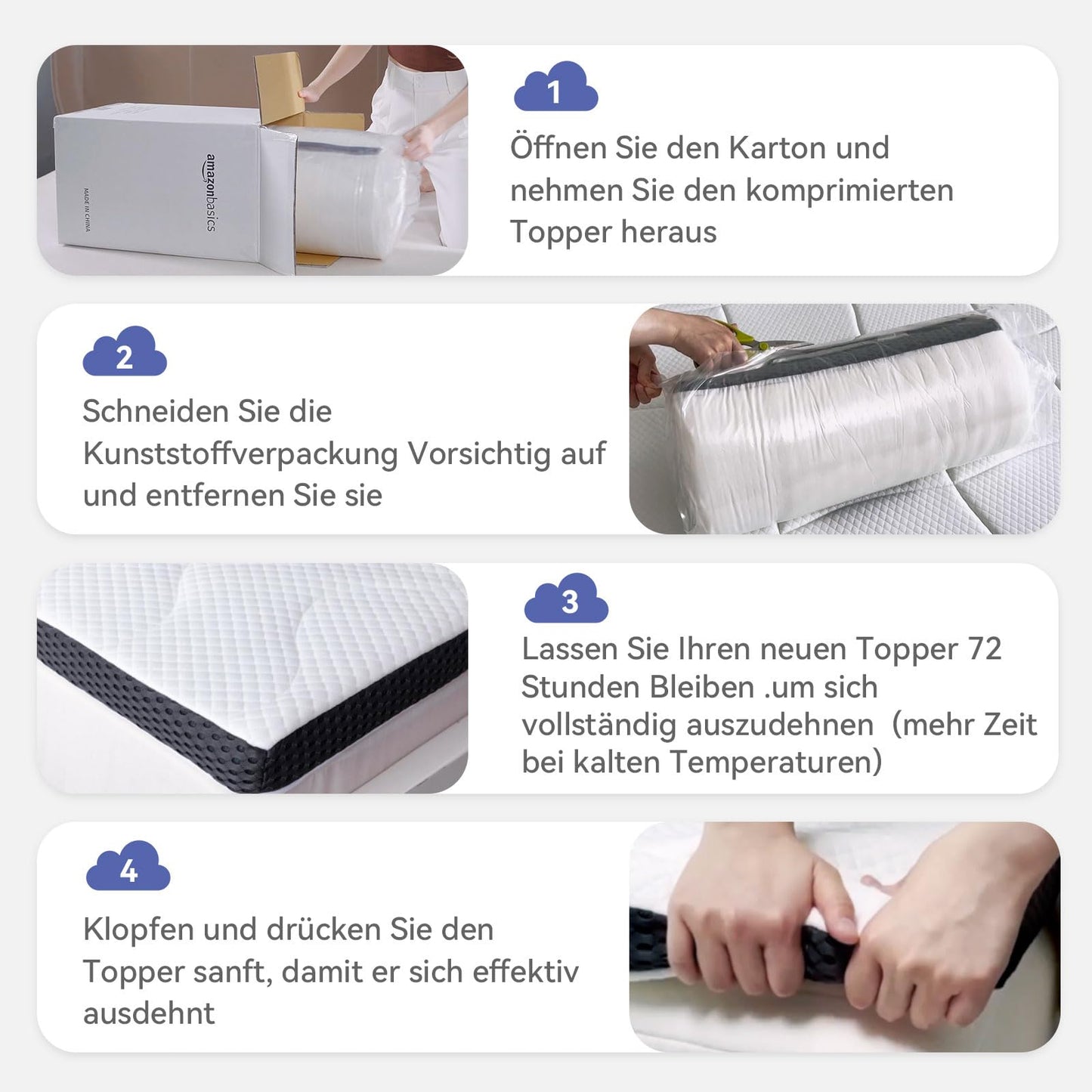 Amazon Basics Mattress Topper 90 x 190 cm, 7 cm height Gel Foam Mattress Pad, white