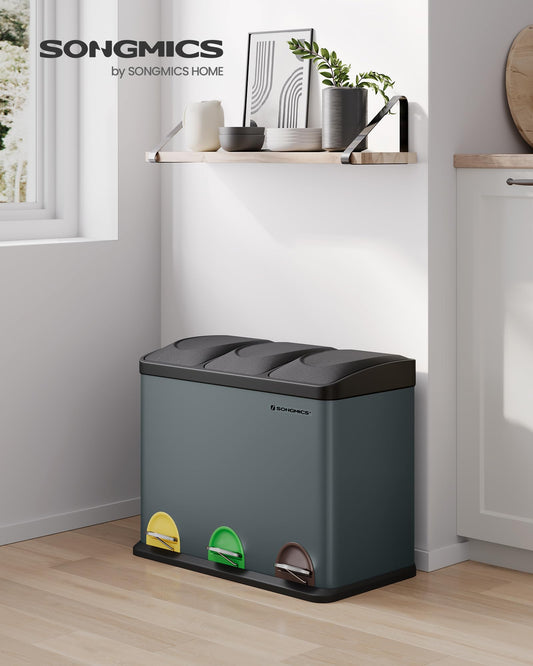 SONGMICS Kitchen Trash Can, Waste Separation System 3 Compartments, Garbage Bin, 45 Liter Metal Step Trash Can, 3 x 15 Liter, Step Trash Can with Lid, Steel, Green Grey-Ink Black LTB45G
