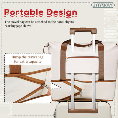 Joyway 5-piece luggage set made of ABS hard shell with expandable trolley, 4 wheels, and TSA lock. The luggage set includes 1 duffel bag and 1 toiletry bag. White color.