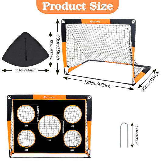 EXTFANS 2 in 1 Kids Soccer Goal, Pop-up Soccer Net with Target Goal, 4 U-shaped steel stakes and carrying bag, soccer goal for boys outdoor garden training gifts (1.2m*0.9m)