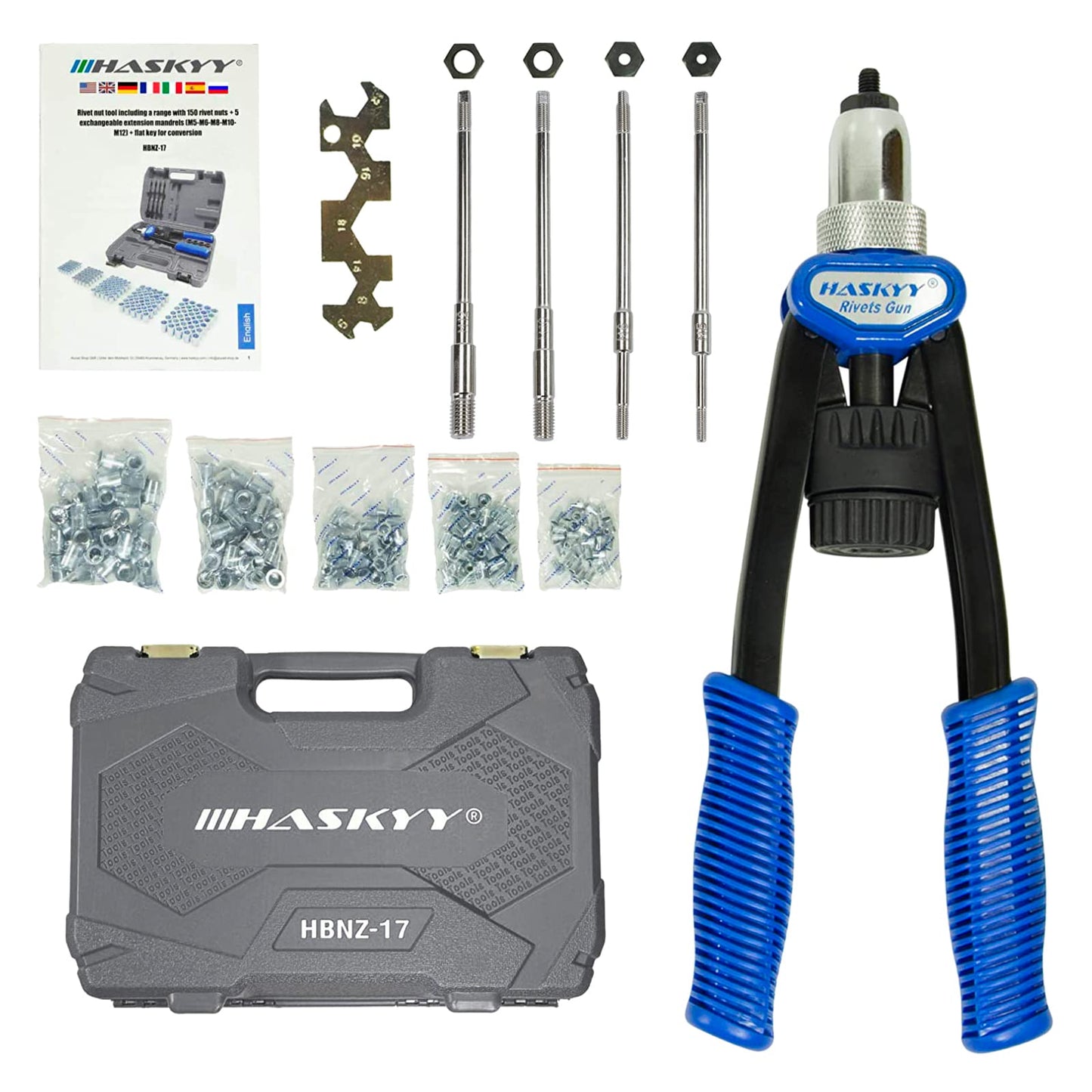 Professional rivet nut tool set includes rivet nut gun and 150 steel rivet nuts in M5 M6 M8 M10 M12 sizes, 30 pieces each.