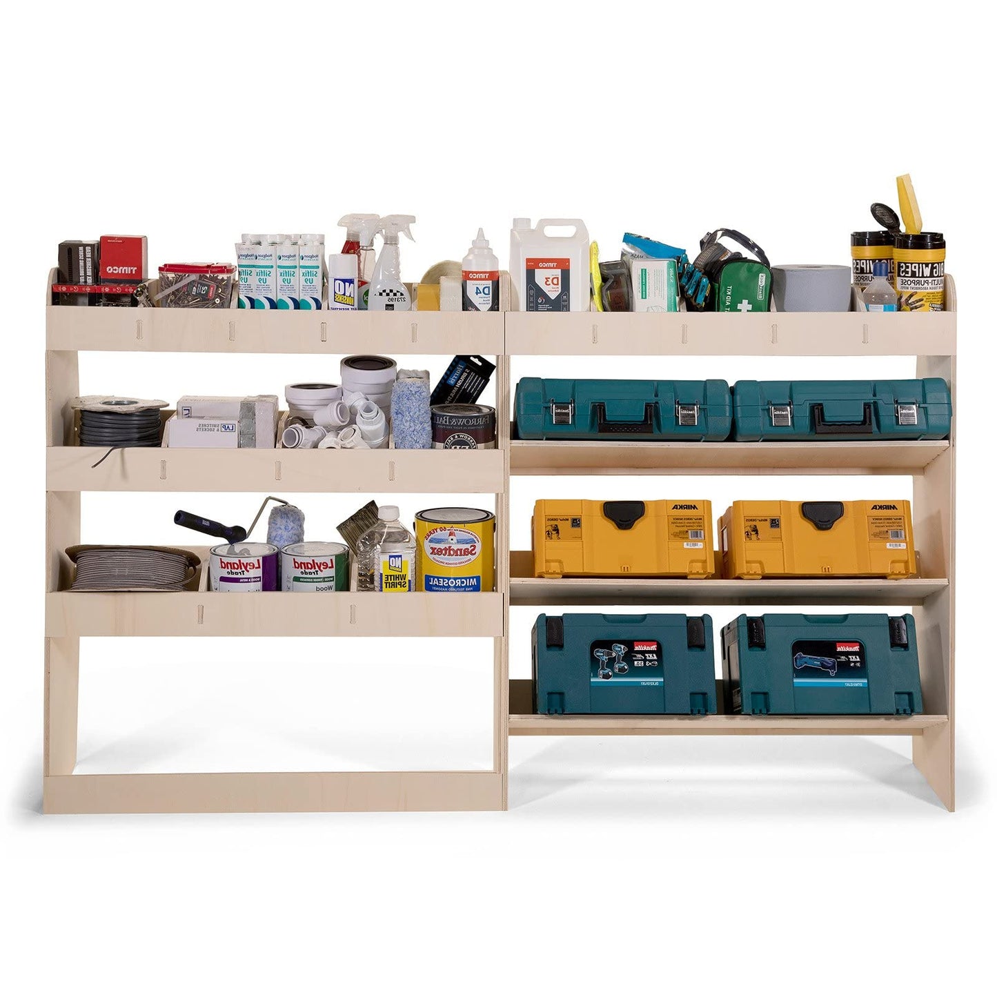 Vanify - Compatible with Mercedes VITO L2 (Long) 2003+ vehicle racking system. Includes vehicle shelves, tool boxes, and rear shelf.