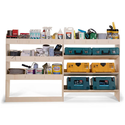Vanify - Compatible with Mercedes VITO L2 (Long) 2003+ vehicle racking system. Includes vehicle shelves, tool boxes, and rear shelf.