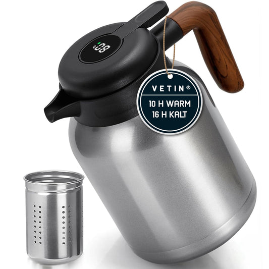 VETIN Thermos Flask with Tea Infuser 1.5L, Double-Walled Insulated Flask made of 304 Stainless Steel, Thermal Tea Pot with Temperature Display, Thermal Coffee Pot keeps hot for 10h/cold for 16h.