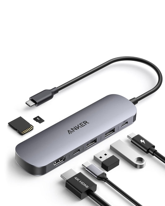 Anchor 7-in-1 USB-C Hub with 4K@60Hz HDMI, 100W Power Delivery, USB-A/C 3.0 Ports, and SD/microSD card reader for USB-C devices (without power adapter)